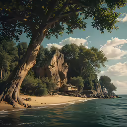 an image of some beach with rocks and trees