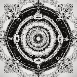 the black and white art print is a spiral,the circles have been drawn with black and white inks