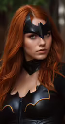 a redhead woman dressed in a batgirl costume with long wavy red hair