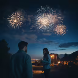 two people looking at fireworks over the night sky