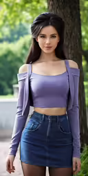 a very attractive woman in tight jeans and purple top