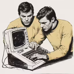 two men looking at a laptop while looking at the screen
