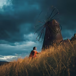 a man is standing in tall grass near a huge wind wheel