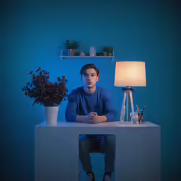 a man is sitting at a table with plants and vases on it