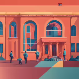 an orange building with men walking in front,two people standing outside a building with some windows