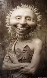 a sculpture is displayed with its head turned like a smiling woman