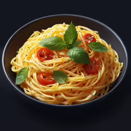 a plate with a black bowl holding pasta and tomatoes