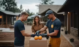 two men and a woman stand next to each other, smiling, as another man gives the oranges out of a box