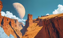 an unusual mountain scene with a half moon and rock formations