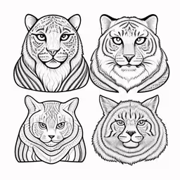 four cat head illustrations, one with an adult and two with a baby,four tiger heads with different colors and markings,a cat drawing set in different ways,tiger, tiger and cat faces in different designs,a group of four cats face