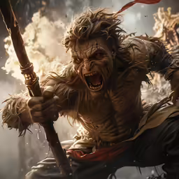 the character monkey is holding a stick in front of a bunch of zombies
