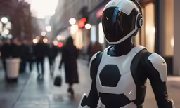 the person is wearing a black and white suit and helmet