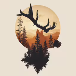 a deer and sun with a tree branch silhouette on it