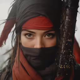 a person with a bandana and head scarves holding a pipe