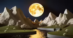 a night scene with mountains and a body of water