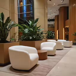 three chairs sit in front of a long planter