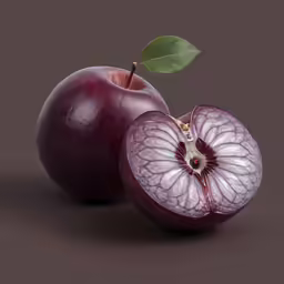 a purple apple with a slice missing