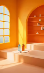 the bright orange room has two bottles on the bathtub