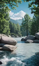 the water is crystal clear as a stream cuts through some rocks