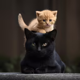 two cats sitting on top of each other near one another