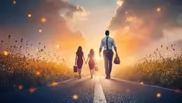 a couple are walking away from their home on the road