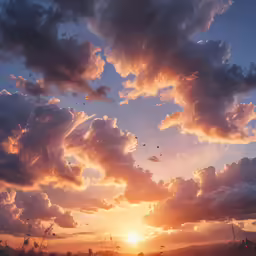 the sun sets over a grassy area with trees and clouds