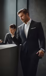 a man in a suit standing in front of a mirror