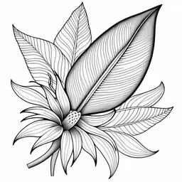 a black and white drawing of a flower,a flower with leaves and leaves in black on white