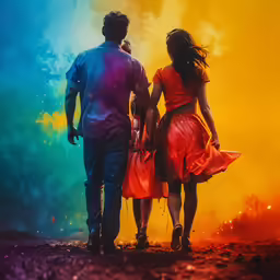 a couple stands on a field in front of a colorful background