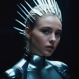 a model with spiked hair wearing futuristic armor