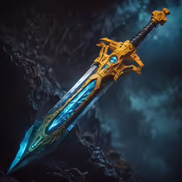 a yellow sci - fien sword with blue eyes on its blade