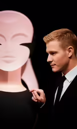 a man in a black suit poses with a alien lamp