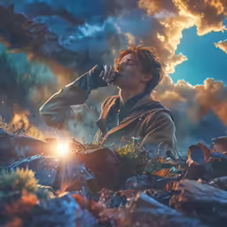 a man is drinking from a glass on a rock