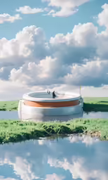 a boat sitting in the grass near the water