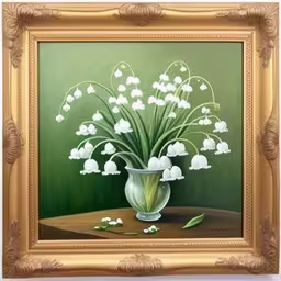 a painting of white flowers in a vase on a green surface,a painting of lily of the valley in a glass vase,a painting of flowers in a vase on display,an image of lilies in a vase in the process of painting,a painting of lily of the valley in a gold frame