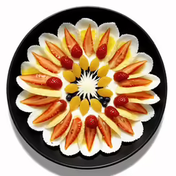 a black plate has fruit and a flower decoration