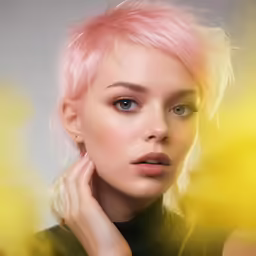 a beautiful young woman with pink hair wearing a black shirt