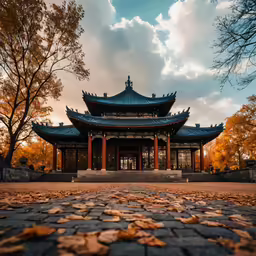 a chinese style building that has some brown leaves in front