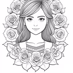 a girl with long hair surrounded by roses,the face and shoulders of an adult girl surrounded by flowers
