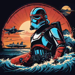 the illustration depicts two people in the middle of a boat, in front of an airplane and,a drawing of darth vader in a storm boat