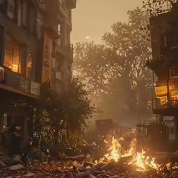 the fire is burning in a city with building and fire
