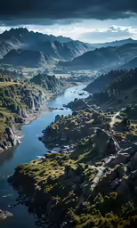 the sun sets on a picturesque mountain valley
