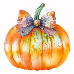 an orange and green pumpkin with a bow