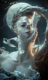 an artistic woman with her hands on her head in the sky