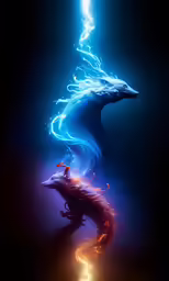 a blue and red dragon is on fire