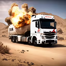 a big white truck that is on some sand,a huge truck is on the road with a large fire