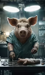 a pig with an overall sitting at a table