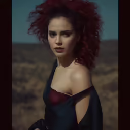 a lady with red hair and an open shirt looking into the distance