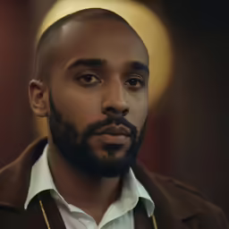 a close up photo of a man wearing a jacket and a necklace