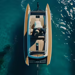 a man lying in the bow of a small boat